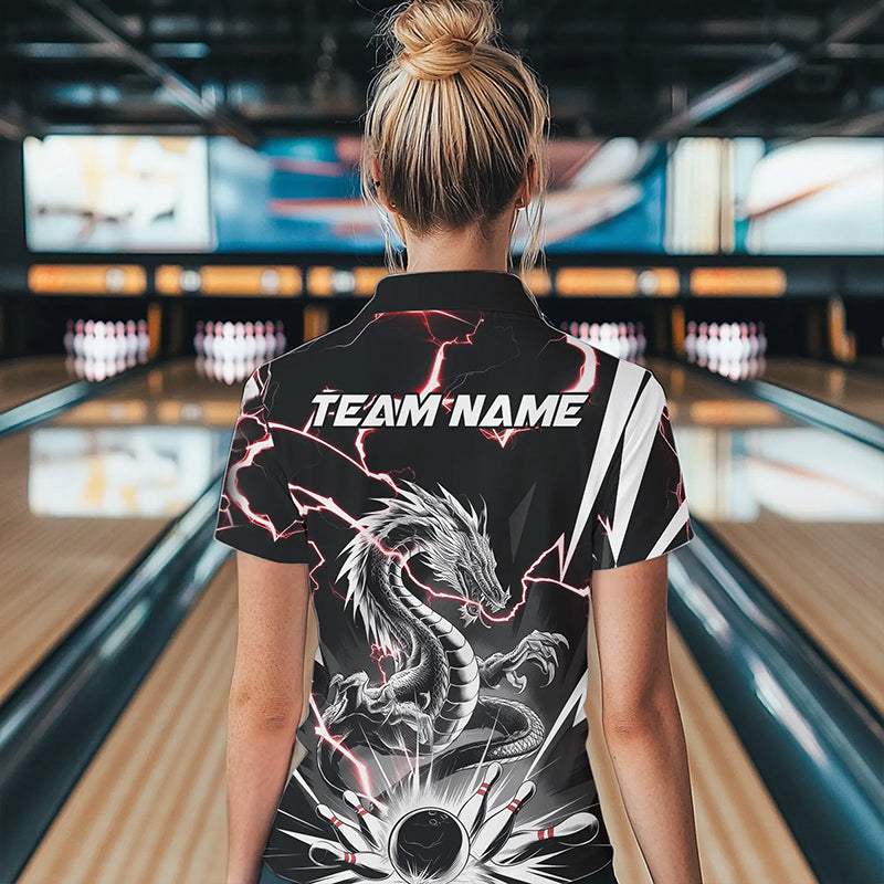 Custom Black And Red Thunder Lightning Dragon Bowling Team Polo Shirts For Women IPHW8556