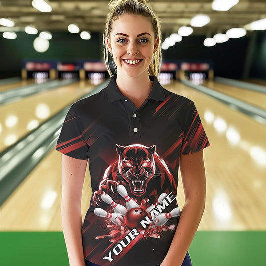 Custom Black And Red Panther Bowling Polo Shirts For Women, Bowling Team Uniform IPHW8564