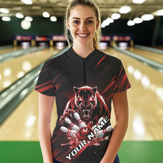 Custom Black And Red Panther Bowling Womens Quarter-Zip Shirts, Bowling Team Uniform IPHW8564