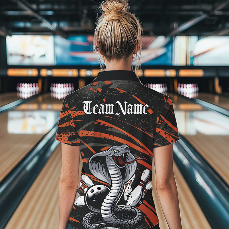 Custom Black And Orange Cobra Snake Bowling Team Womens Polo Shirts, Bowling League Shirts IPHW8567