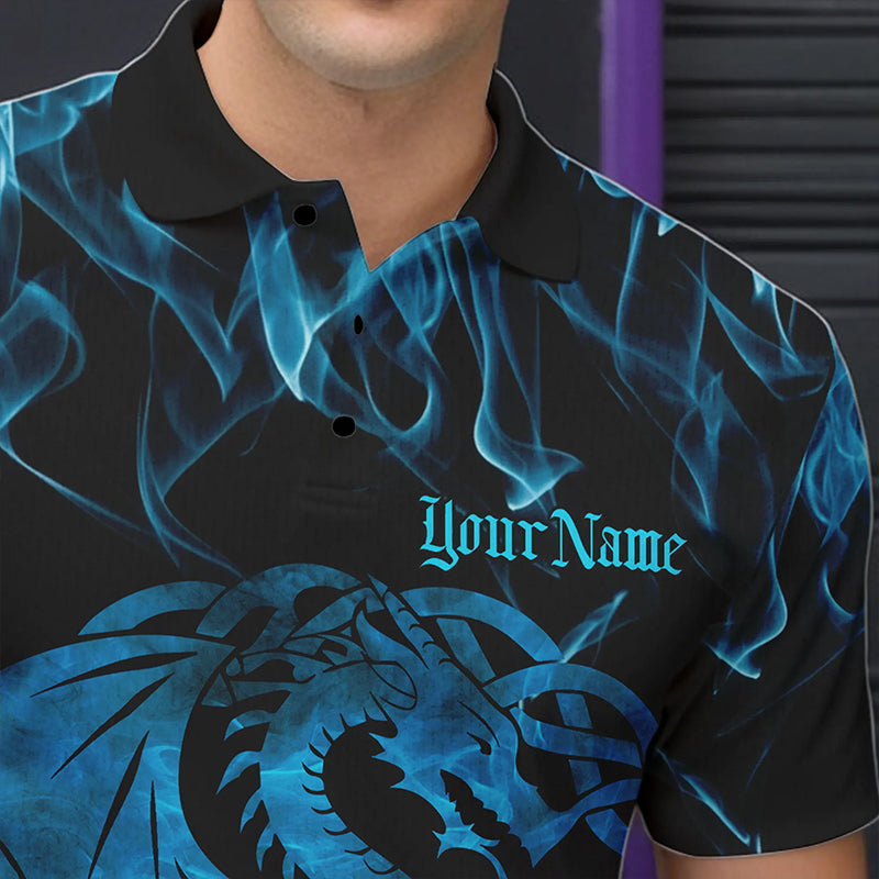 Custom Blue Fire Flame Viking Dragon Bowling Polo Team Shirts For Men, Celtic Bowling Shirt IPHW8874