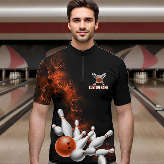 Custom Orange Bowling Quarter-Zip Shirts For Men Bowling Team Jerseys Bowling League Shirts IPHW8881