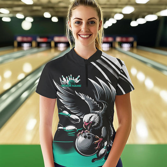 Custom Black And Blue Eagle Bowling Jerseys, Bowling Team Women Quarter-Zip Shirts IPHW8887