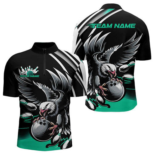 Custom Black And Blue Eagle Bowling Jerseys, Bowling Team Men Quarter-Zip Shirts Bowlers Outfits IPHW8887