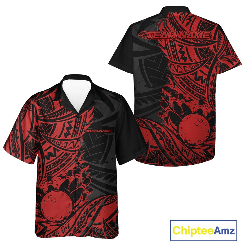 Custom Black And Red Maori Style Koru Spiral Tribal Men And Women Bowling Hawaiian Team Shirt IPHW10956