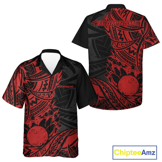 Custom Black And Red Maori Style Koru Spiral Tribal Men And Women Bowling Hawaiian Team Shirt IPHW10956