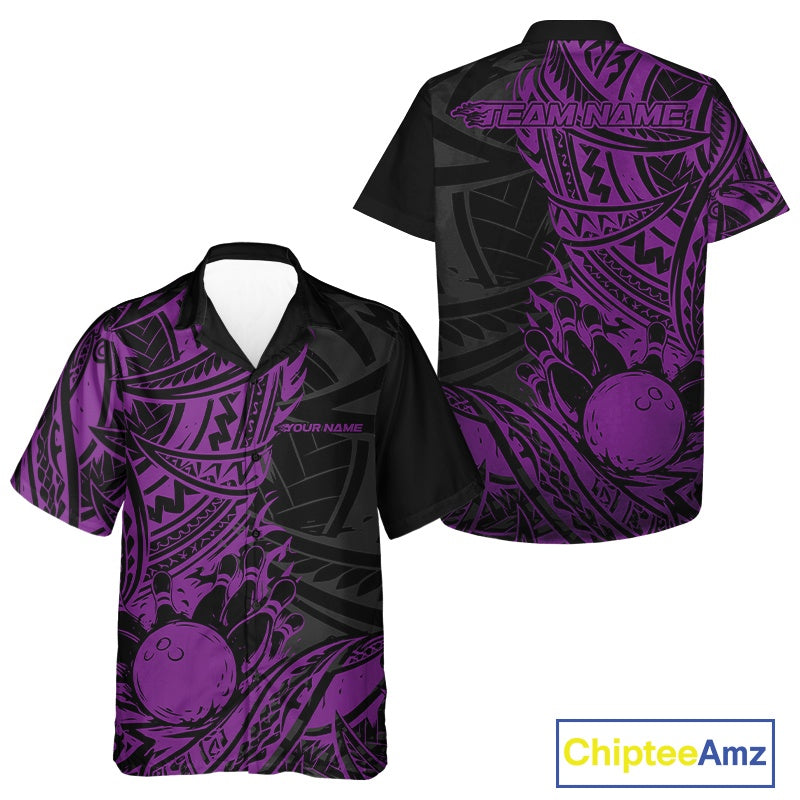 Black and purple bowling shirt with customizable text on a white background