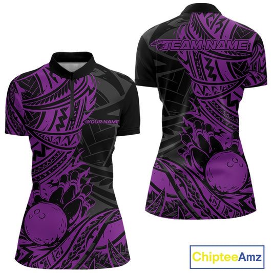 Custom Black And Purple Maori Style Koru Spiral Tribal Women Bowling Quarter-Zip Shirt IPHW10959