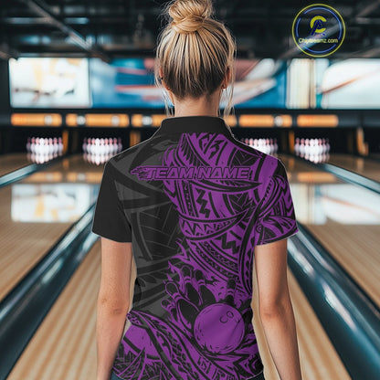 Custom Black And Purple Maori Style Koru Spiral Tribal Women Bowling Quarter-Zip Shirt IPHW10959