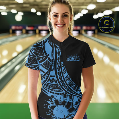 Custom Black And Blue Maori Style Koru Spiral Tribal Women Bowling Quarter-Zip Shirt IPHW10962