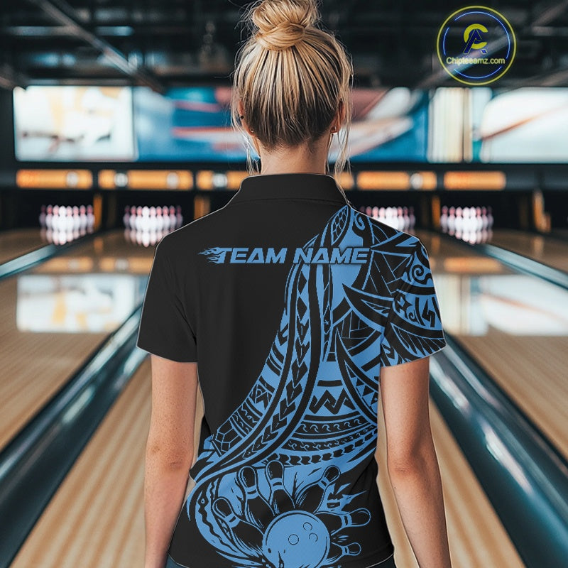 Custom Black And Blue Maori Style Koru Spiral Tribal Women Bowling Quarter-Zip Shirt IPHW10962