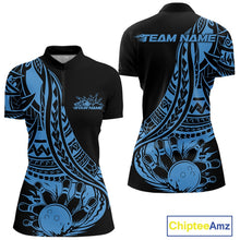 Load image into Gallery viewer, Custom Black And Blue Maori Style Koru Spiral Tribal Women Bowling Quarter-Zip Shirt IPHW10962
