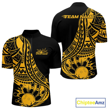 Custom Black And Yellow Maori Style Koru Spiral Tribal Men Bowling Quarter-Zip Team Shirt IPHW10963