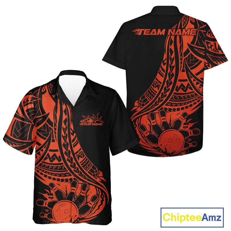 Custom Black And Orange Maori Style Koru Spiral Tribal Men And Women Bowling Hawaiian Team Shirt IPHW10964