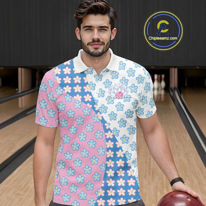 Front view of a male model in a bowling lane wearing a white polo shirt with white, blue and pink floral pattern and elegant sporty graphics.