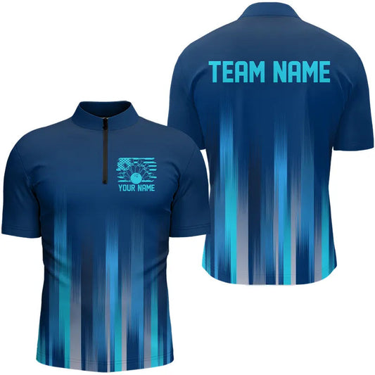 Custom Blue US Bowling Quarter-Zip Shirts For Men, Bowling Team Shirts, Bowling Jeyseys With Name IPHW8143