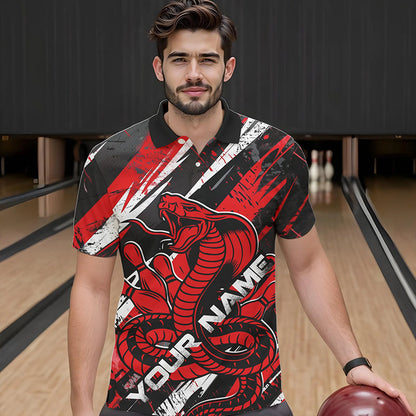 Custom Black And Red Cobra Snake Bowling Jerseys, Bowling Team Polo Shirts For Men IPHW8580