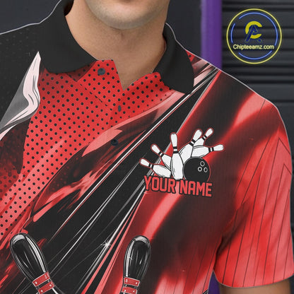 Close-up of the left chest on a black and red bowling polo shirt displaying bowling strike graphics with speed streak accents.