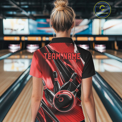 Back view of a female model in a black and red bowling quarter-zip shirt displaying energetic bowling strike artwork with speed streaks.