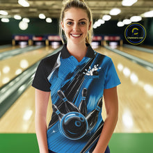 Load image into Gallery viewer, Custom Black And Blue Bowling Jerseys For Women, Bowling Team Polo Shirts With Name IPHW10966