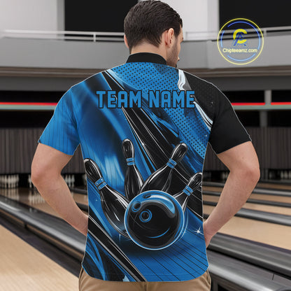 Front view of a male model in a black and blue bowling quarter-zip shirt showcasing fast-paced bowling artwork.