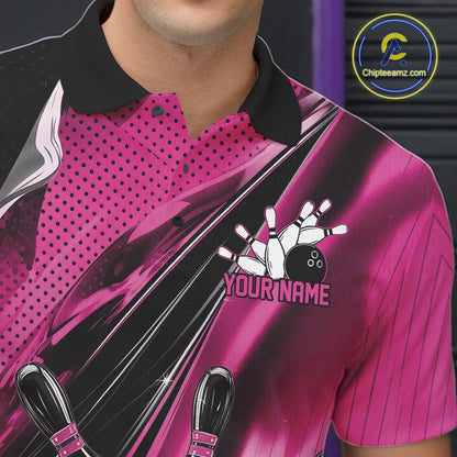 Left chest close-up of a black and pink bowling polo shirt featuring bowling strike artwork and motion streak details.