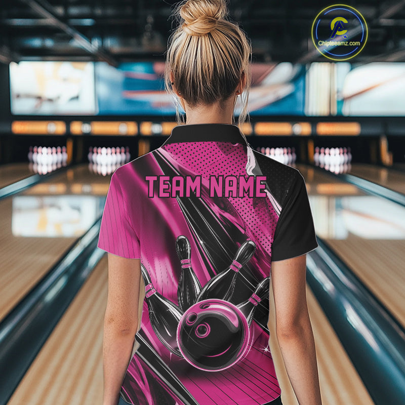 Back view of a female model in a black and pink bowling quarter-zip shirt showcasing speed streak bowling artwork.