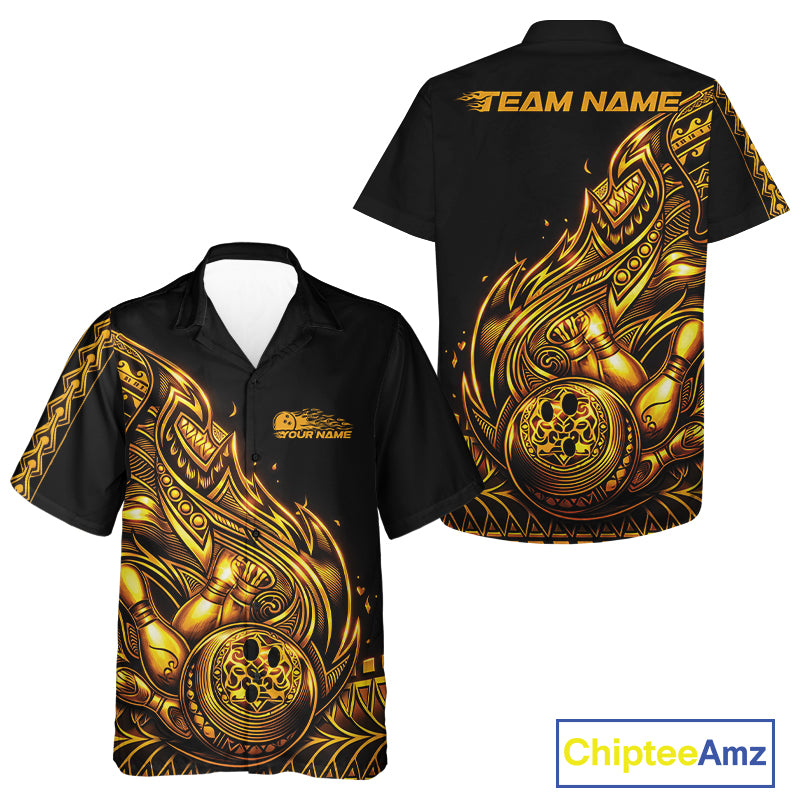 Front and back views of a black and gold button-up bowling shirt featuring Polynesian-style bowling graphics with flowing tribal flames.