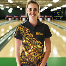 Load image into Gallery viewer, Custom Black And Gold Tribal Flame Bowling Women Polo Shirts, Polynesian Bowler Outfit IPHW10973