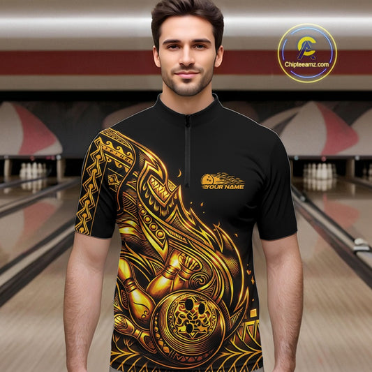 Male model wearing a black and gold bowling quarter-zip shirt at the lane with Polynesian-style flame bowling graphics.