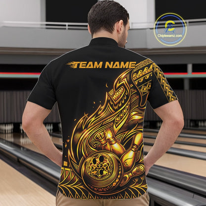 Front view of a male model in a black and gold bowling quarter-zip shirt displaying tribal bowling motifs and flowing flame details.