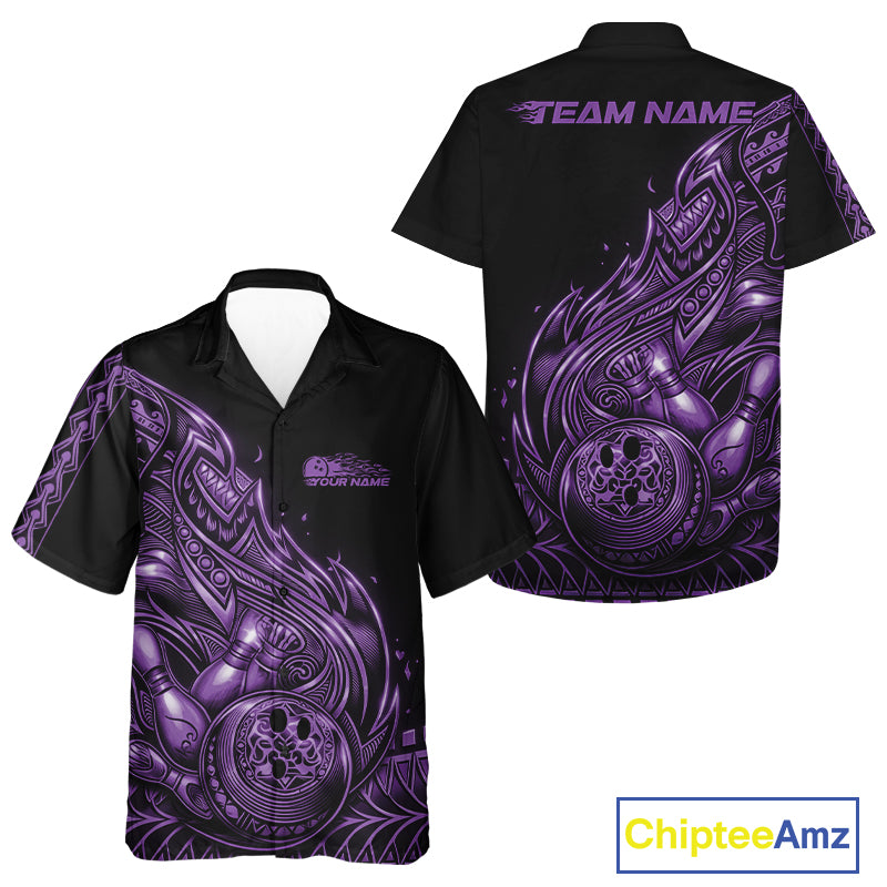 Front and back views of a black and purple button-up bowling shirt showcasing bowling pins and a ball surrounded by flowing tribal flame artwork.