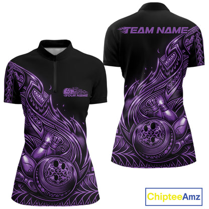 Front and back views of a black and purple womens bowling quarter-zip shirt featuring bowling artwork with flowing Polynesian tribal flames.