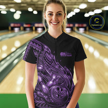 Load image into Gallery viewer, Custom Black And Purple Tribal Flame Bowling Women Shirts, Polynesian Bowler Outfit IPHW10974