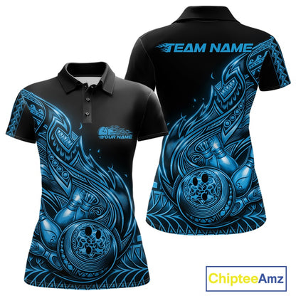Front and back views of a black and blue womens bowling polo shirt with bowling pins and a ball surrounded by flowing tribal flames.