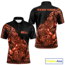 Load image into Gallery viewer, Custom Black And Orange Tribal Flame Bowling Men Polo Shirts, Polynesian Bowler Outfit IPHW10976