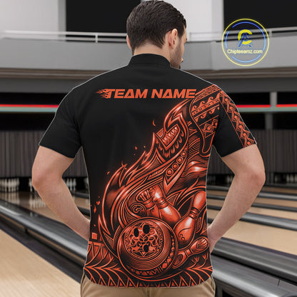 Front view of a male model in a black and orange bowling quarter-zip shirt showcasing flowing tribal bowling accents.