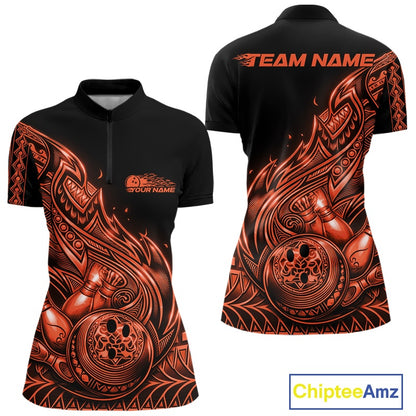 Front and back views of a black and orange womens bowling quarter-zip shirt featuring bowling ball and pin artwork with flowing tribal flame accents.
