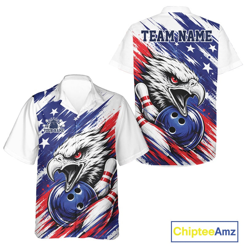 Bowling shirt with eagle design and American flag colors, featuring 'Chiptee Amz' branding.