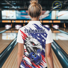 Load image into Gallery viewer, Person wearing a bowling shirt with an eagle design and 'TEAM NAME' text in a bowling alley.