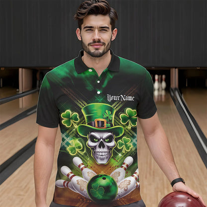 Custom Saint Patricks Day Leprechaun Skull Bowling Polo Shirts, Lucky Bowling Team Shirt IPHW8582