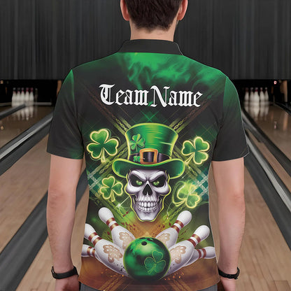 Custom Saint Patricks Day Leprechaun Skull Bowling Polo Shirts, Lucky Bowling Team Shirt IPHW8582