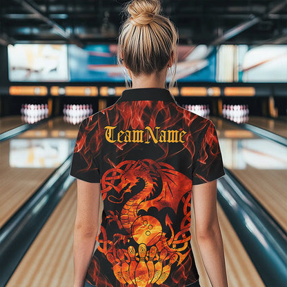 Custom Fire Flame Viking Dragon Bowling Polo Team Shirts For Women, Celtic Bowling Shirts IPHW8587