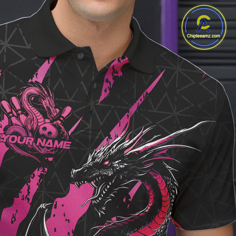 Custom Black And Pink Dragon Bowling Men Polo Shirts, Team Bowling Jerseys IPHW10749