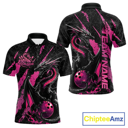 Custom Black And Pink Dragon Bowling Men Polo Shirts, Team Bowling Jerseys IPHW10749