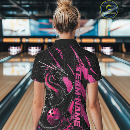 Custom Black And Pink Dragon Bowling Women Quarter-Zip Shirts, Team Bowling Jerseys IPHW10749
