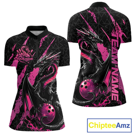 Custom Black And Pink Dragon Bowling Women Quarter-Zip Shirts, Team Bowling Jerseys IPHW10749