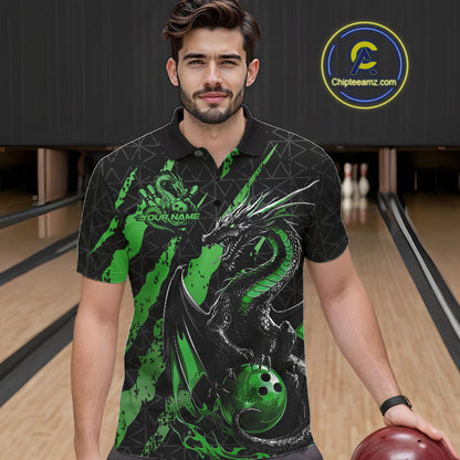 Custom Black And Green Dragon Bowling Men Polo Shirts, Team Bowling Jerseys IPHW10750