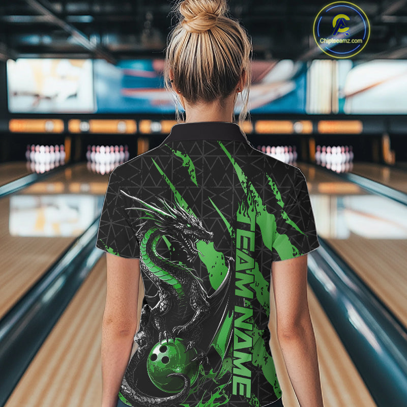 Custom Black And Green Dragon Bowling Women Polo Shirts, Team Bowling Jerseys IPHW10750