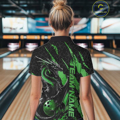 Custom Black And Green Dragon Bowling Women Polo Shirts, Team Bowling Jerseys IPHW10750